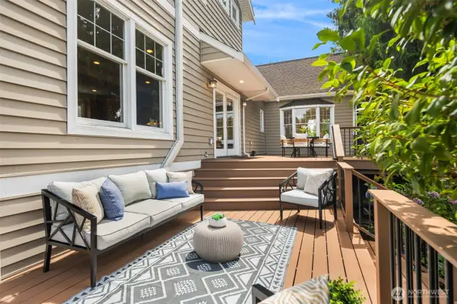 Two-tiered deck offers plenty of space for lounging or entertaining