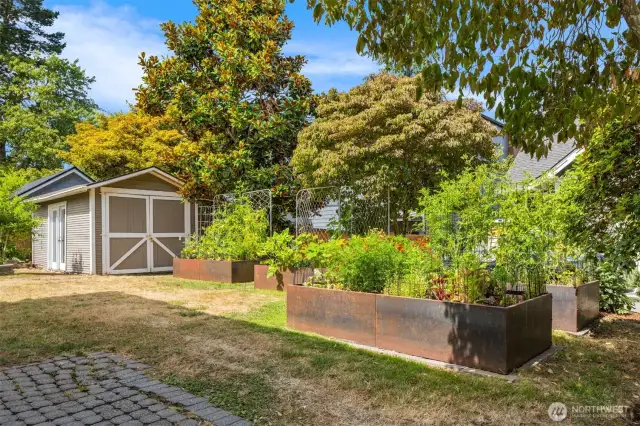 Extra-large garden shed and raised beds with drip irrigation.  DADU potential!