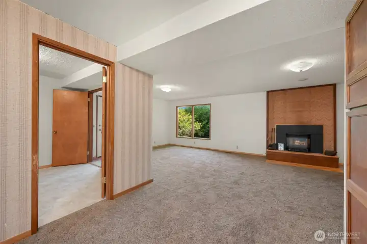 Back inside the lower level living space. Family room, plus extra room off to the left. What will you make of this room?