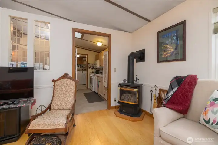 Gas stove for warmth and comfort.