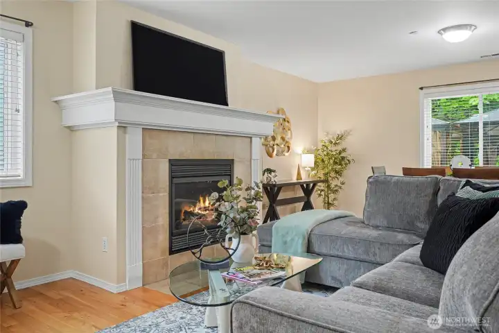 Cozy gas fireplace and 2" faux wood blinds throughout.