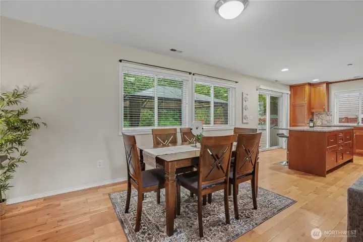 Remodeled kitchen is adjacent to kitchen.