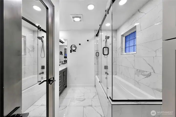 Recently added and brand new full bath or primary bedroom, private toilet closet, full shower and dual vanity with additional storage