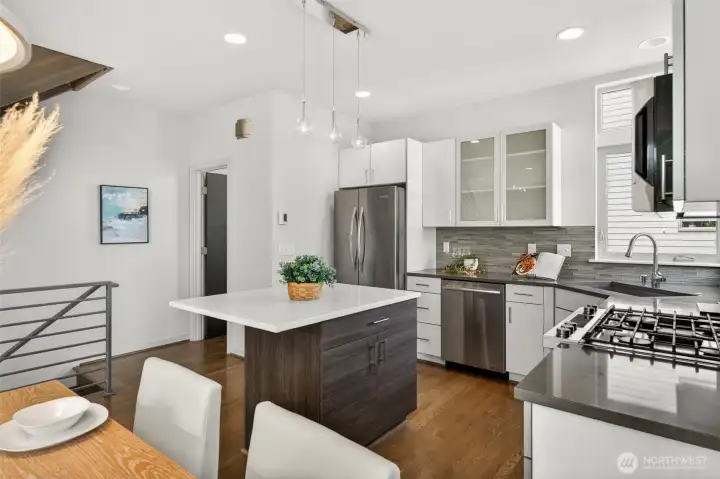 Kitchen island with seating and dark wood base