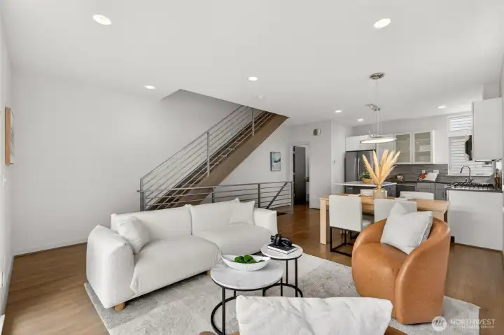 Living and dining with gas fireplace