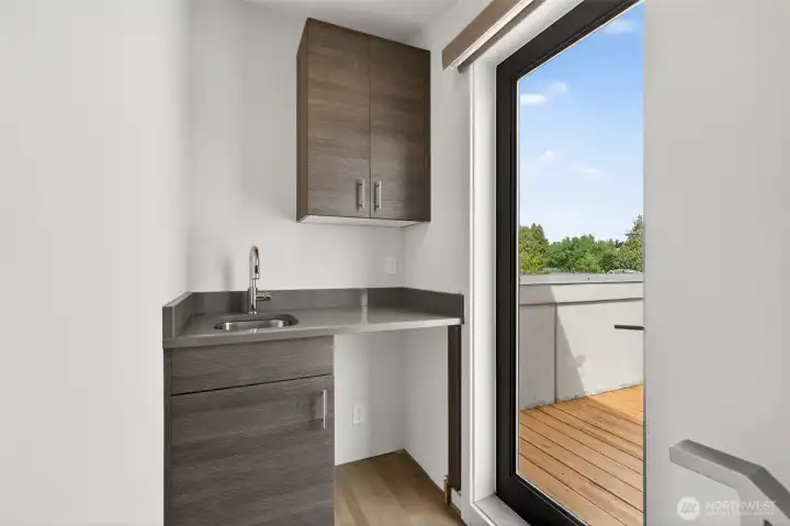 Rooftop wet bar with sink and cabinet storage