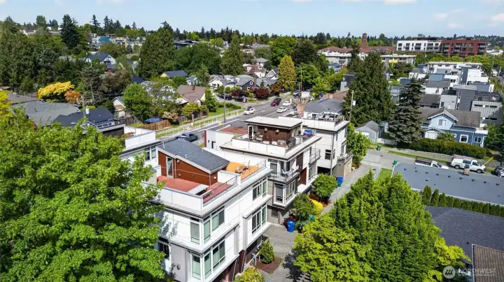 Aerial view of surrounding neighborhood and greenery