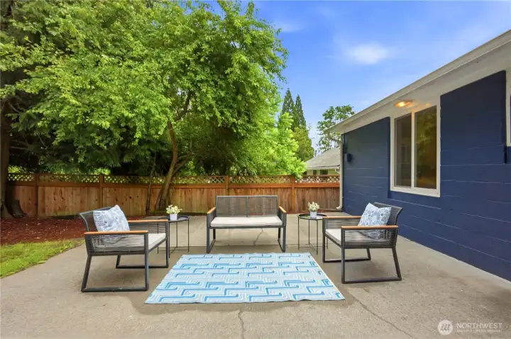 The back patio is very private and is perfect for entertaining or curling up with a good book. There's also plenty of space for a hammock stand and hammock!