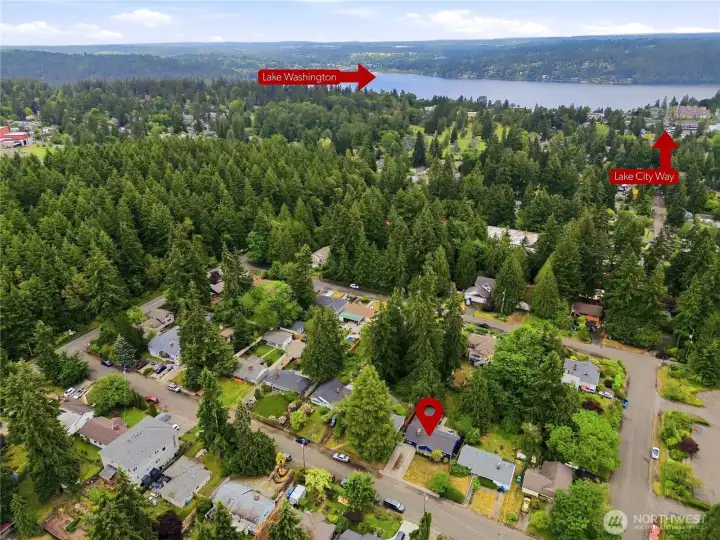 Drone shot looking East towards Bothell/Lake City Way and Lake Washington.