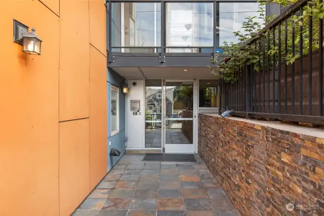 Walkway to main entrance with Call box