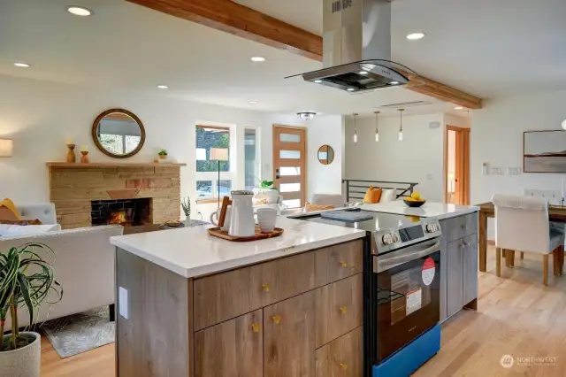 View of fireplace from the kitchen