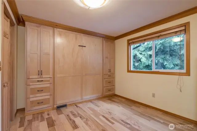 Second bedroom includes built-in storage cabinets and Murphy bed