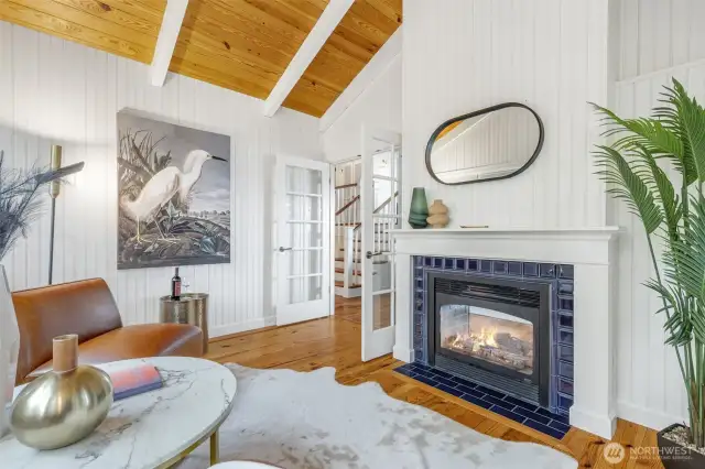 Sunroom with double-sided gas fireplace