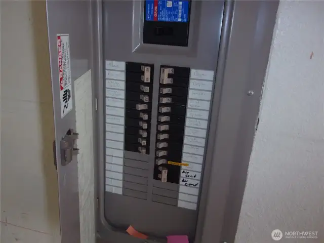 Electrical panel with room for additional breakers.