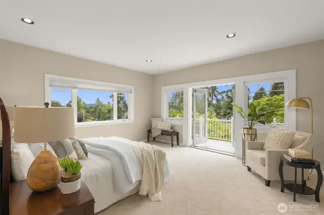 Primary retreat with amazing light, fabulous windows, high ceilings, deck, and sunset views.