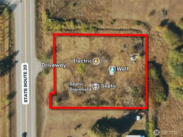 Overhead view with approximate boundaries in red and approximate locations of improvements.