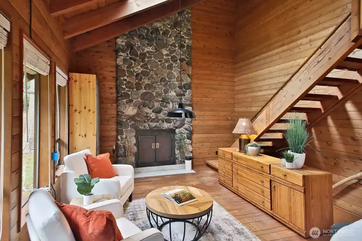 River rock wood fireplace