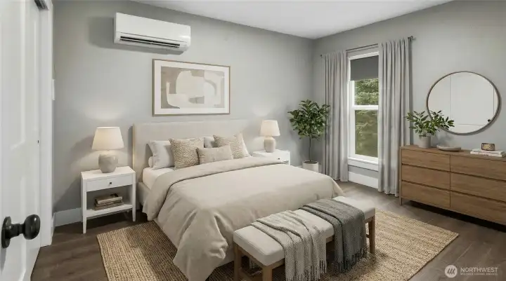 Virtually staged primary bedroom.