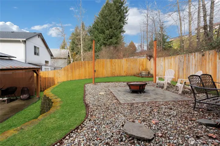 Upper level has firepit and storage shed!