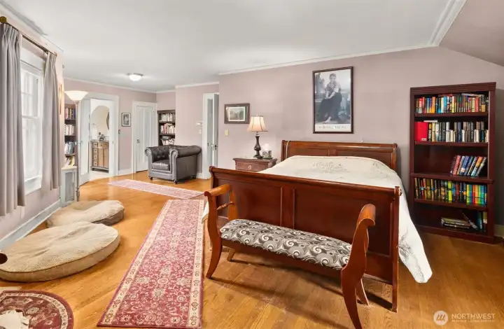 Large Primary Bedroom with unique floorplan, gas fireplace and more