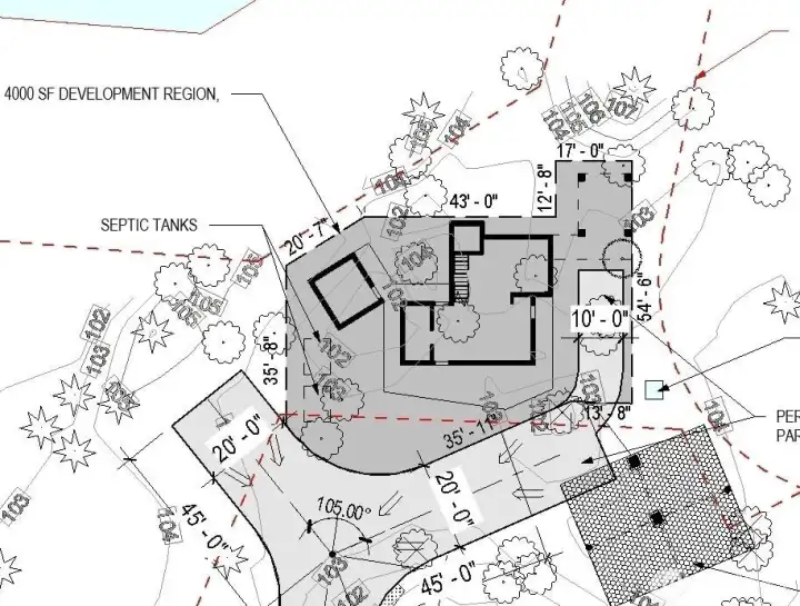 Architect’s site drawing illustrating potential home location, driveway, and utilities