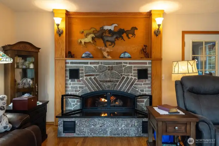 Custom fireplace with stones from a local bridge