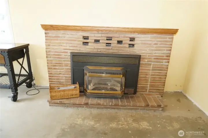 Natural gas brick fireplace and heating system.