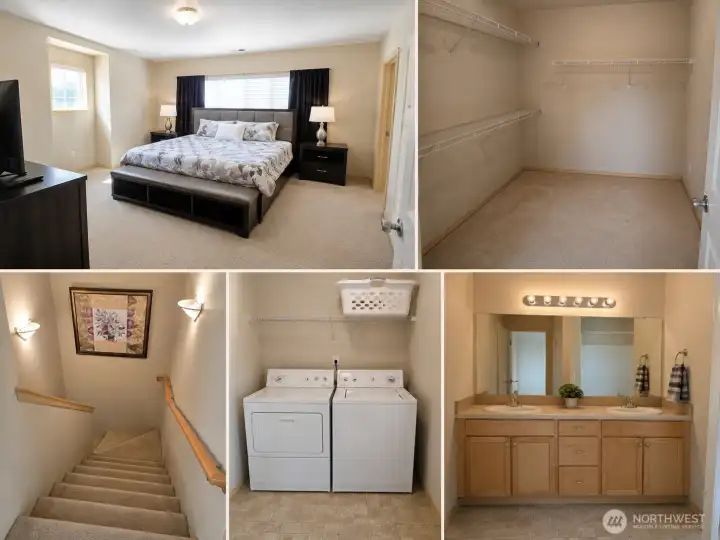 Upstairs bedroom, closet, ensuite, and view from top of stairs