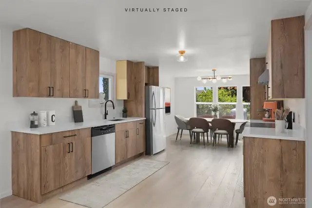 Virtually staged kitchen and dining area
