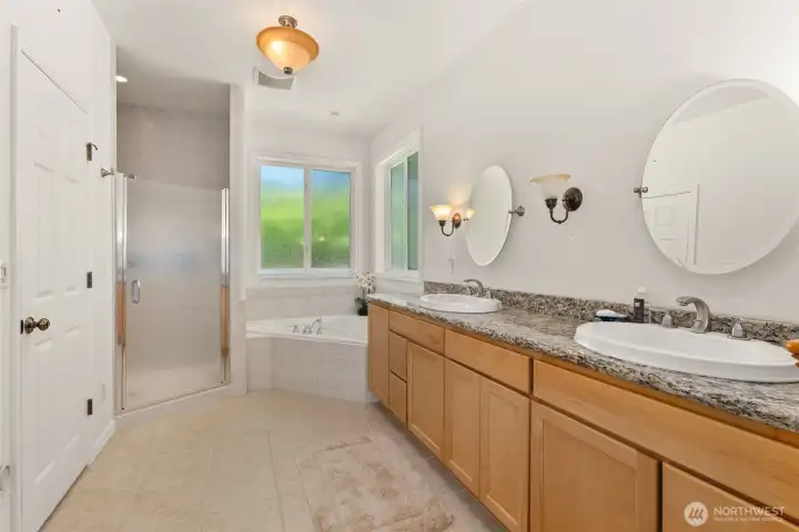 Primary bath with Jacuzzi tub and huge double shower.