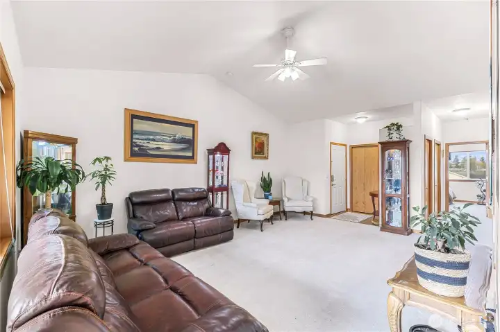 Expansive living room space with vaulted ceilings