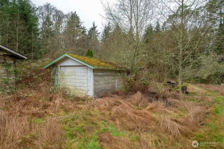 With some cleanup and a new roof, the detached garage could be a good starting point for building.