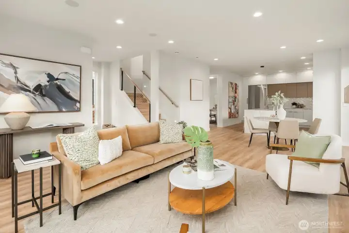 Great room layout with entry to the left (not shown) and den/office toward the back.