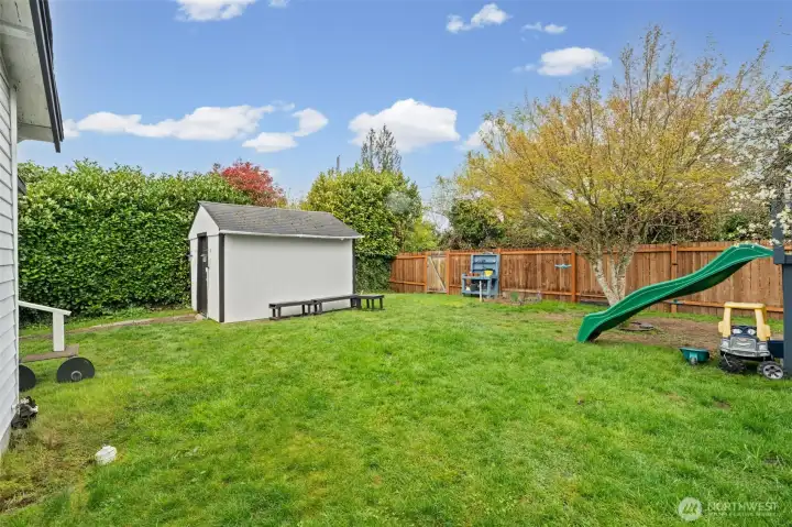 large fenced yard with Storage shed that has electrical