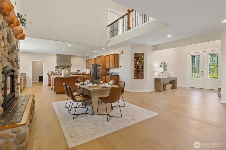 Dining room with river rock fireplace
