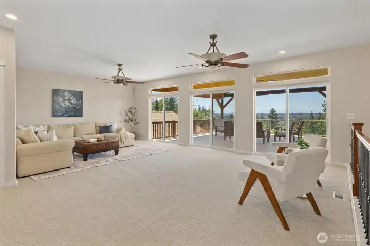 There is a massive deck off the bonus room