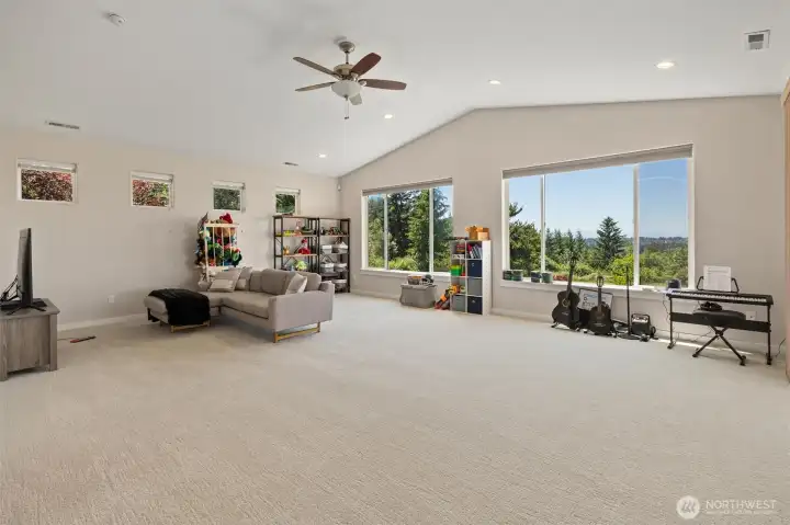 The living room in the apartment also has those stunning views