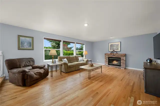 The fireside family room looks out to the private back yard.