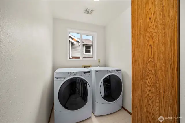 The laundry room is on the main floor just off the family room and garage.  Front load washer and dryer stay.