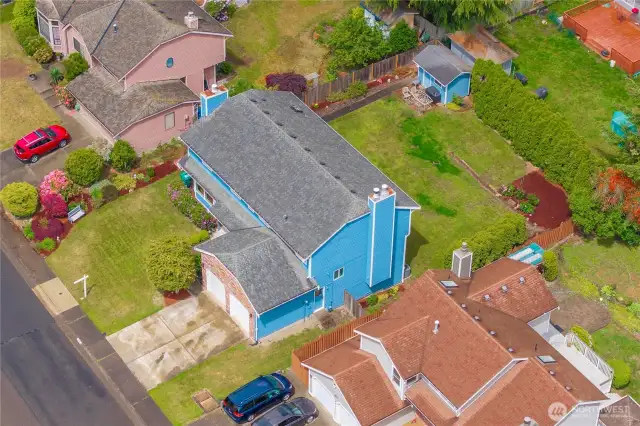 This birds-eye-view of the property shows both the front and back yard.