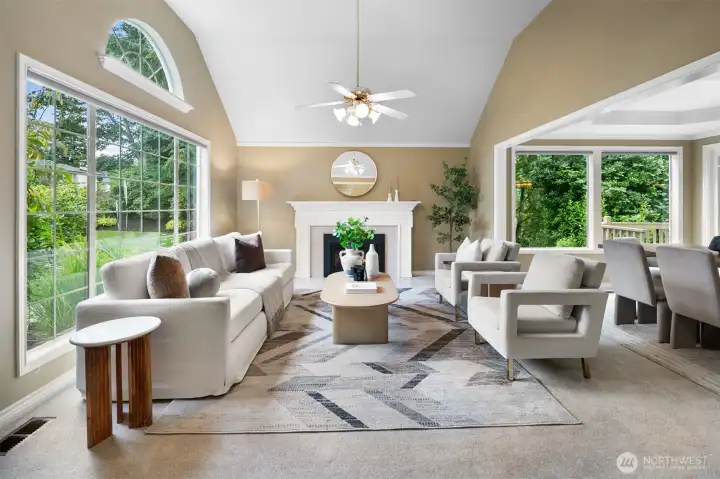 Gas fireplace anchors the main living room for year-round comfort.