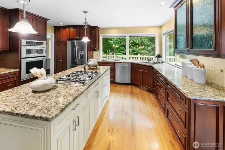 Generous island with built in gas range and downdraft ventilation.