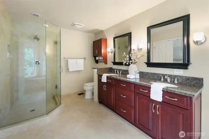 Walk-in shower create a spa-like experience.