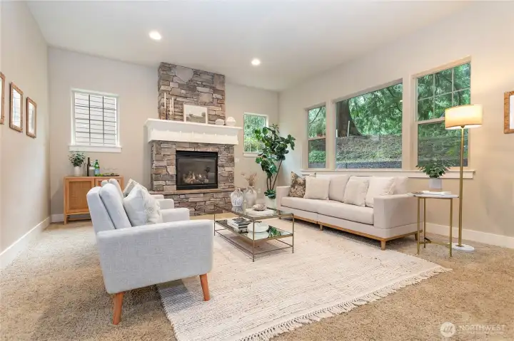 Living room with gas fireplace.