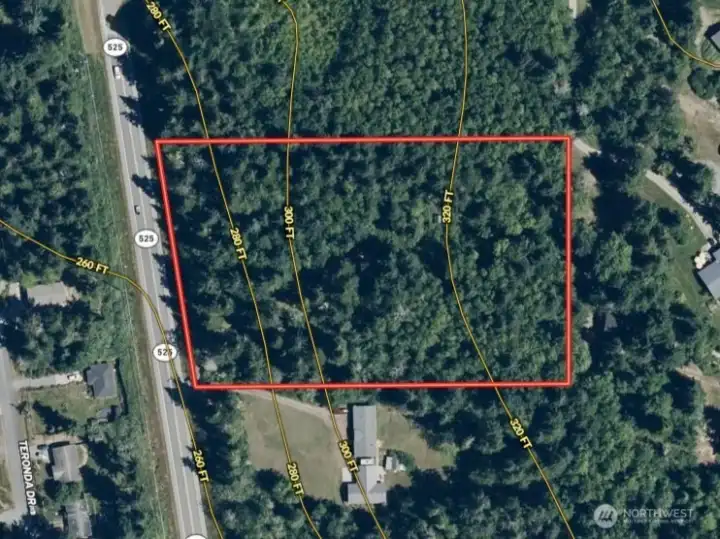 Overhead view with approximate boundaries in red and topography.