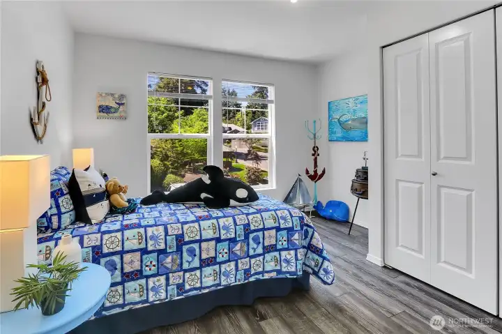 Guest bedroom suite has its own door to the adjacent guest bathroom