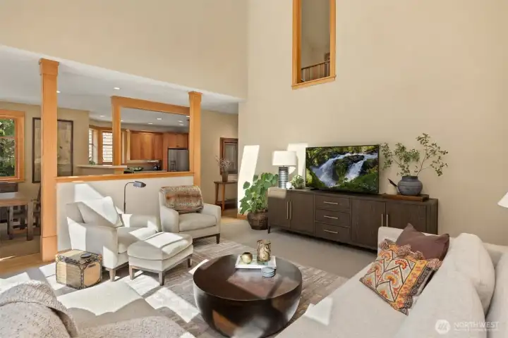 Light filled living room with vaulted ceiling, skylights and beautiful expansive windows