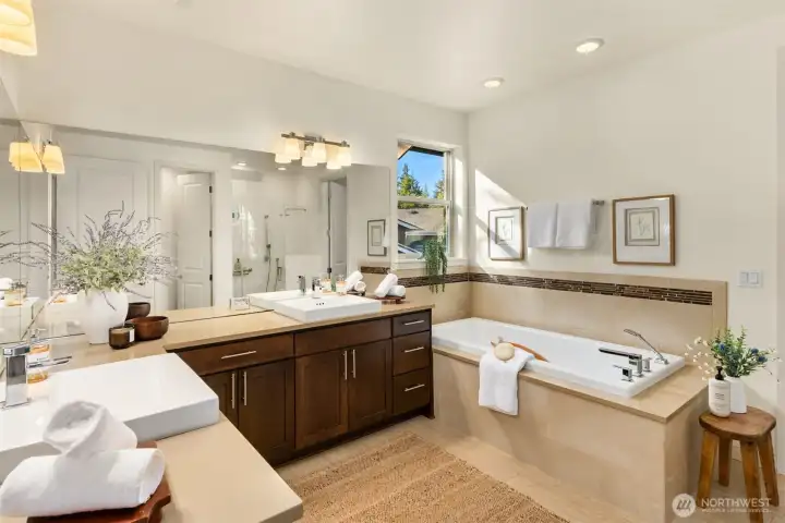 The primary bathroom includes a large soaking tub and walk in shower ( out of view) The primary bathroom includes a large soaking tub and walk in shower ( out of view)
