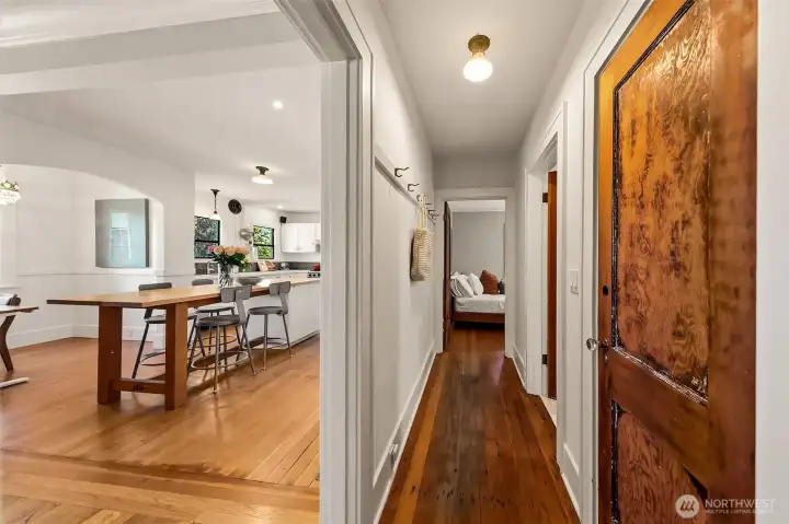 The hallway separates the public spaces and the bedrooms to create privacy. The hallway separates the public spaces and the bedrooms to create privacy.