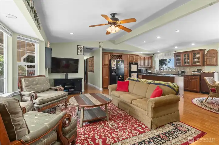 Cozy living room, dining room, kitchen area. Cozy living room, dining room, kitchen area.